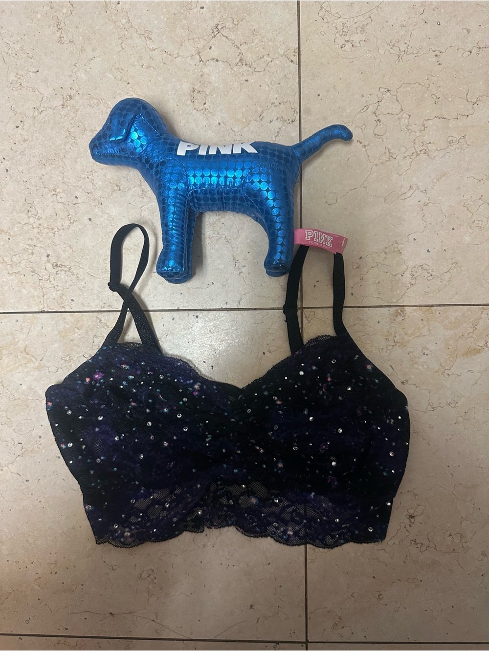 Bundle PINK Victoria's Secret Lace Bralette in Black Sequin Detail & Dog Plush